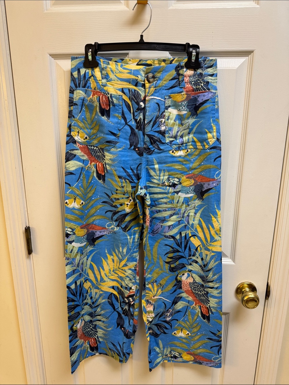 Anthropologie Maeve Blue Tropical Parrot Cropped Pants